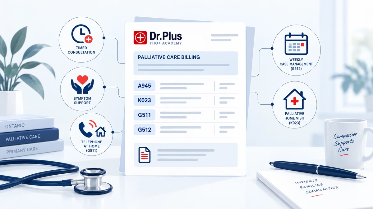 Illustration representing palliative care billing with consultation, telephone management, case management and home-visit symbols